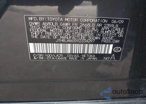 2009 Lexus Es 350 z USA, uszkodzony, nr VIN JTHBJ46G592334297